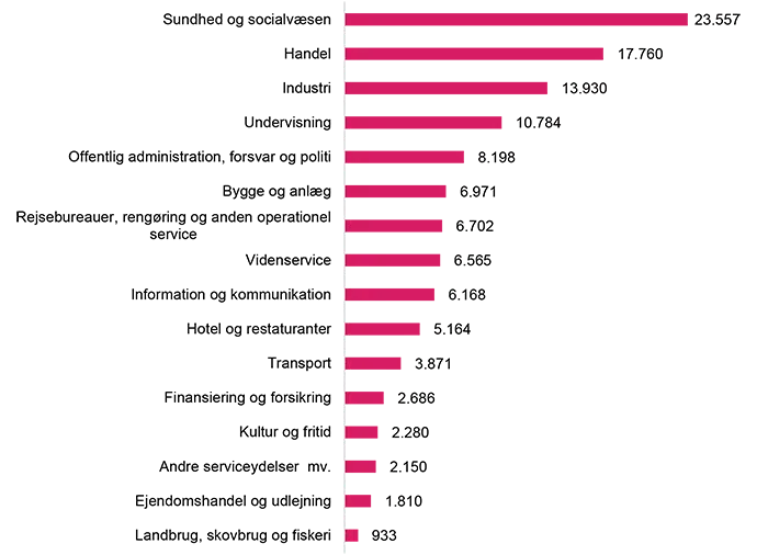 Figuren viser branchefordeling af alle jobs ved udgangen af 2. kvartal 2024. Figurens detaljer beskrives i teksten. 