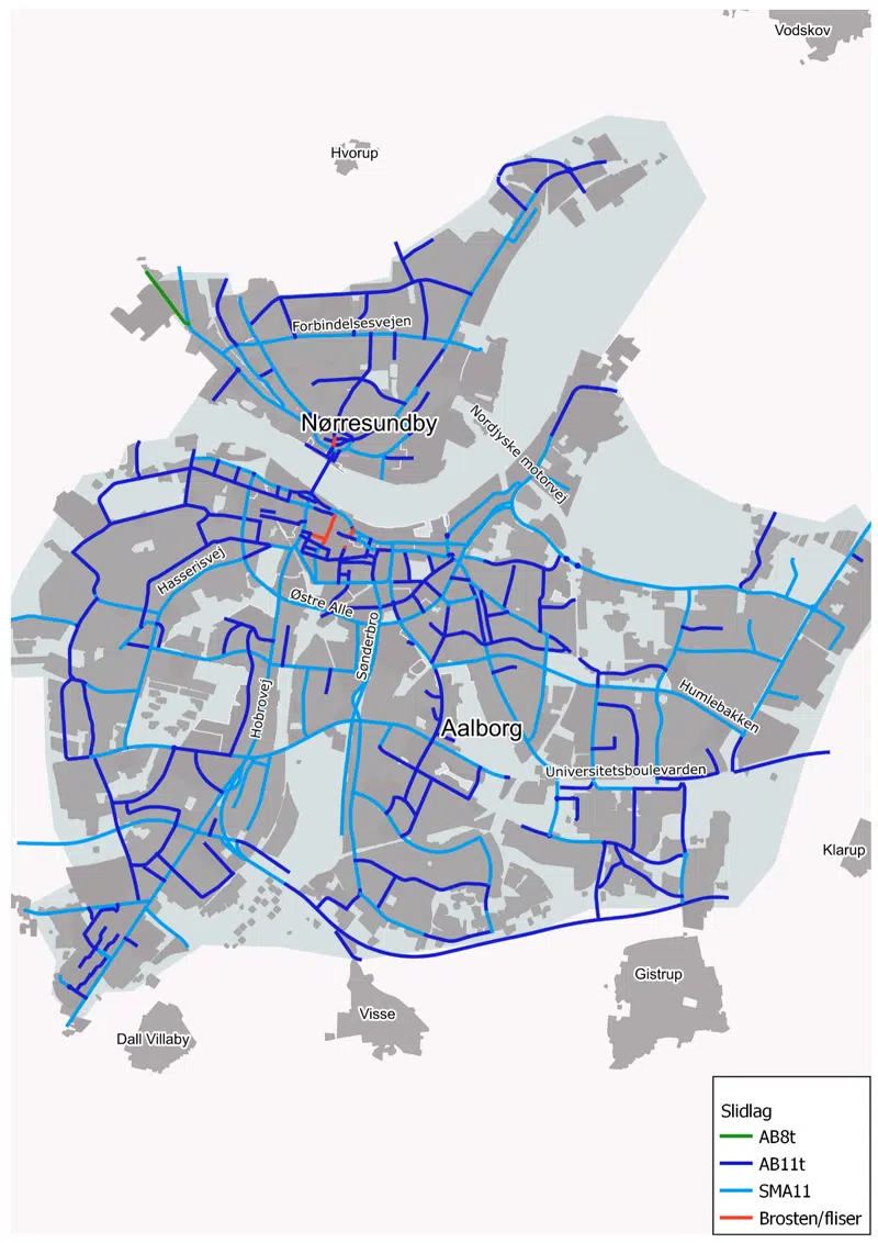 Oversigt over belægningstyper på de kommunale veje.