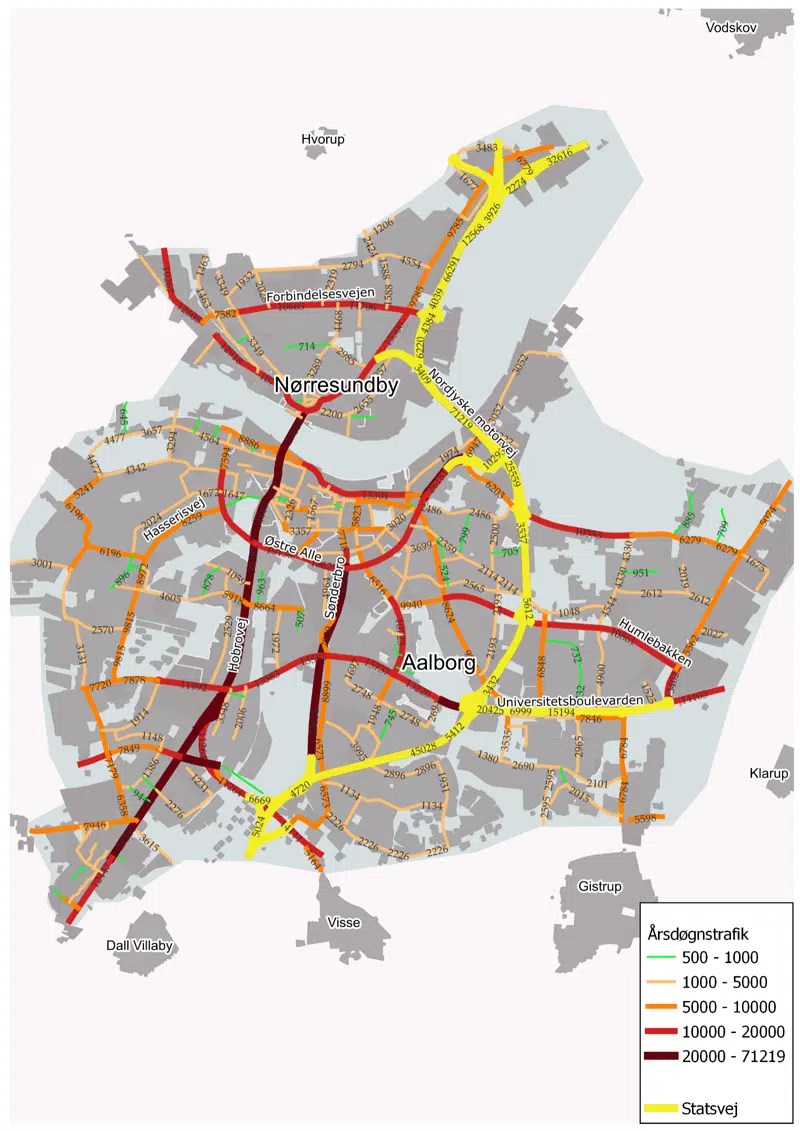 Visualisering af beregningsvejnettet og trafikmængderne, der indgår i kortlægningen.