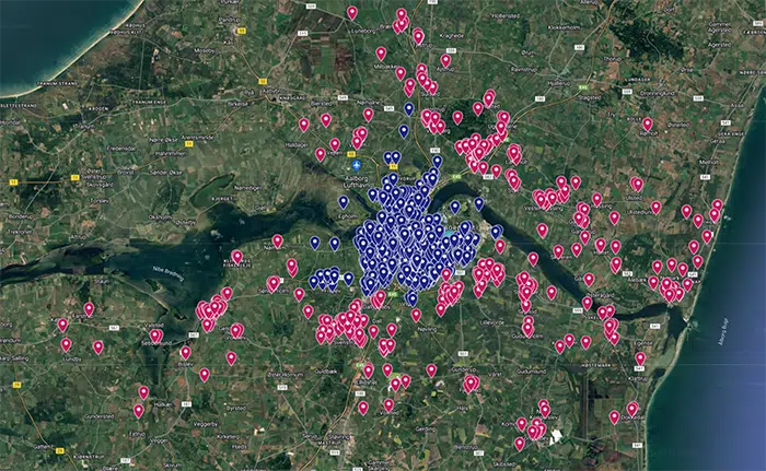 Kortet viser placering af de nye virksomheder sig i Aalborg Kommune. Detaljeret forklaring findes i teksten