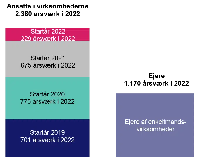 Figur:en viser reelt nye virksomheders bidrag til beskæftigelsen i 2022 for virksomheder med startår i perioden 2019-2022