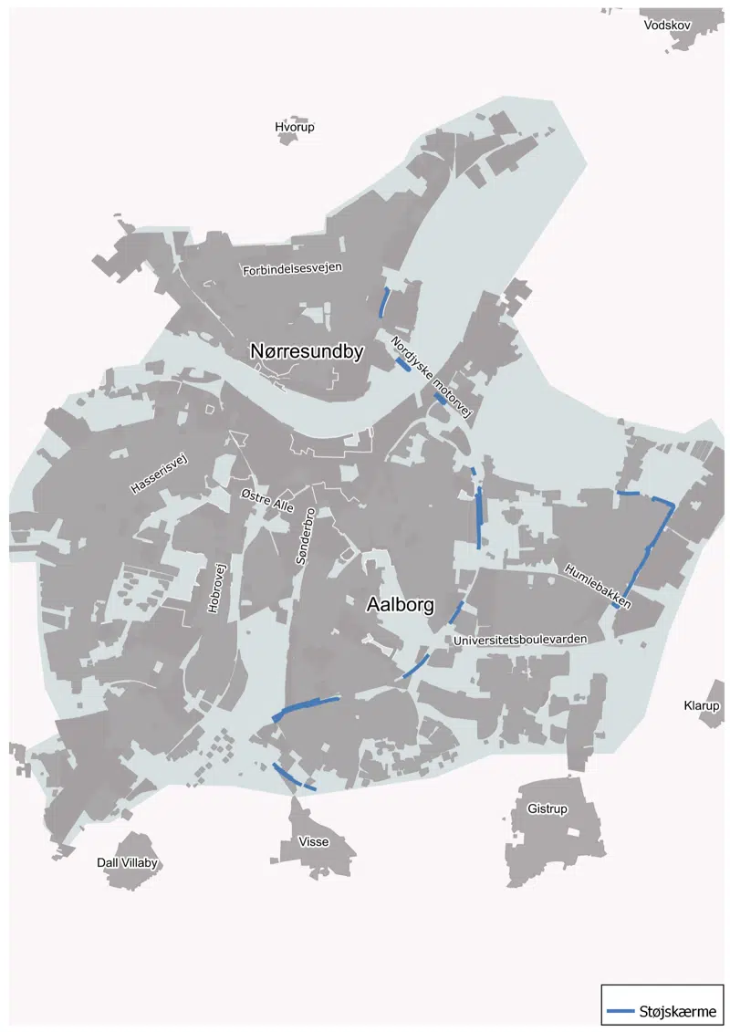 Visualisering af de støjskærme, der indgår i støjberegningerne: Langs motorvejen, Tranholmvej, Øster Uttrupvej og Egnsplanvej.