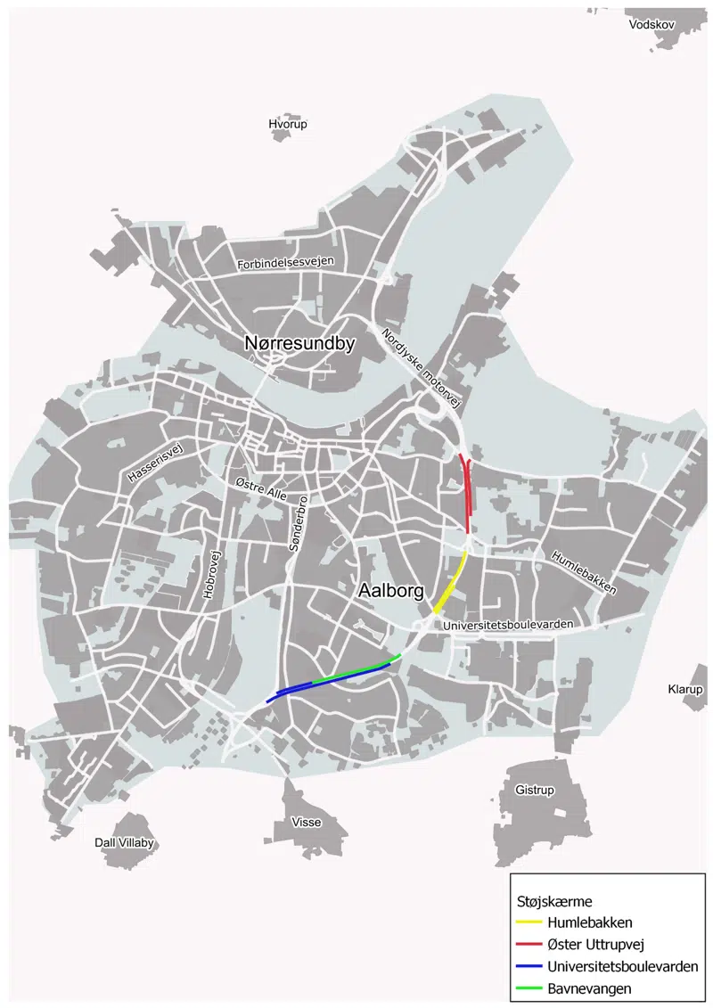 Kort der illustrerer Vejdirektoratets forbedredelser i 2023-24 til støjdæmpning langs motorvejen gennem Aalborg.