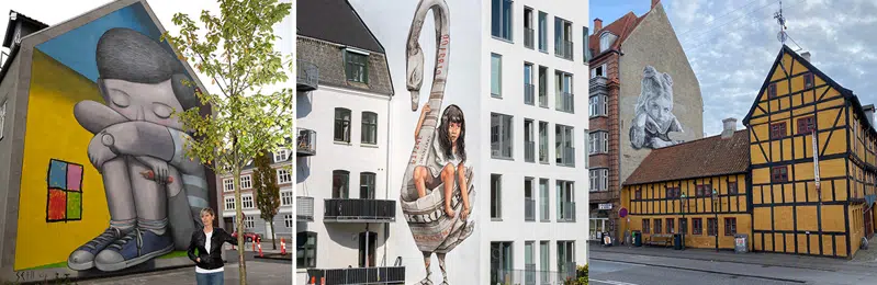  1. Lene Kirk på Østerbro 41 foran Seth Globepainters "Jack in the Box" Første gang den franske Street Art kunstner udfører et kunstværk I Danmark. Foto: Fleron fotografi 2:  Ernest Zacharevic The ugly Duckling 3: Alessio: Passing on history