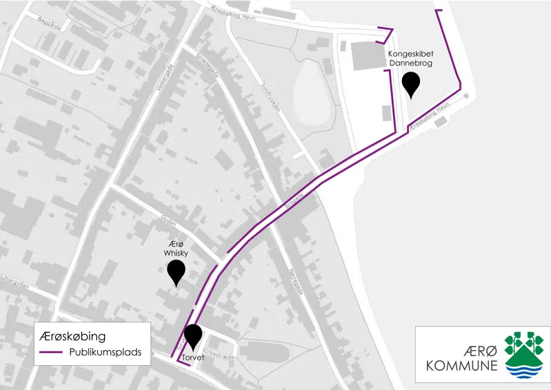 Bykort over Ærøskøbing med markering til publikum. Publikum kan stå på Torvet, Brogade og Ærøskøbing Havn