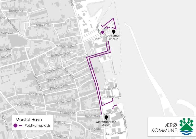 Bykort over Marstal med markering til publikum. Publikum kan stå på blandt andet Honnørkajen, Pakhusvej og Havnegade