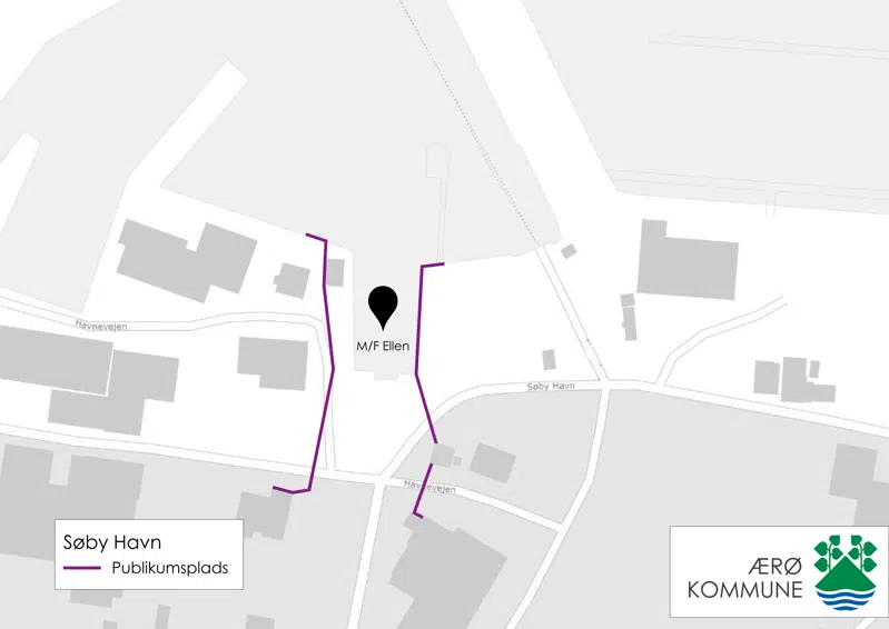 Kort over Søby Havn med markering til publikum. Publikum kan stå på Havnevejen og Søby Havn