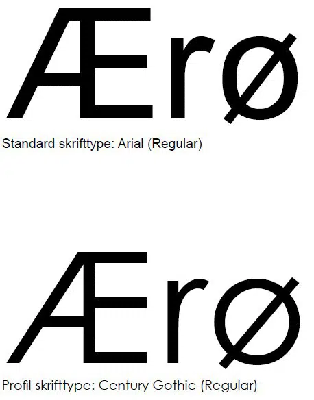 Visualisering af de to skrifttyper Arial og Century Gothix.