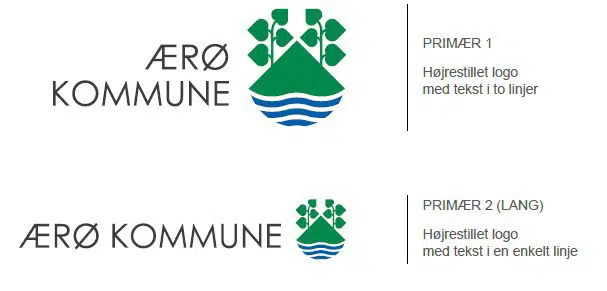 Primær logo har Ærø Kommune i to lag, hvor Ærø står øverst og dernæst kommune. Navnetrækket er højrestillet.