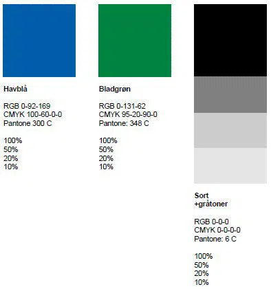 Primære farver er blå, grøn og sort. Blå=RGB 0-92-169, grøn=RGB 0-131-62 og sort= RGB 0-0-0.