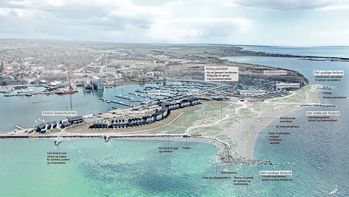 en stor vandmasse med en by i baggrunden