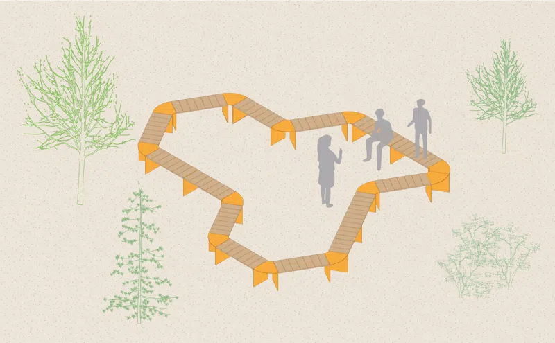 Bænken er designet i samme form som ruten, hvor legenderne kan opleves. Grafik: Bureau Detours.