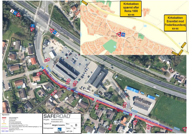 Kort over trafikomlægningerne på Kirkebakken i Veksø