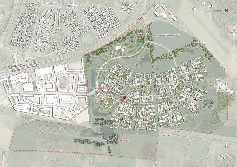 Illustrationsplan fra masterplanen for Landskabsbyen, der viser bebyggelsens placering i landskabet