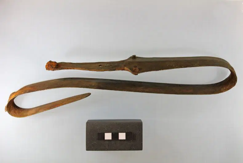 Sværdet er blevet rituelt bøjet, inden det blev lagt ned som et offer. Ifølge Emil Winther Struve er det sket for at gøre det ubrugeligt som sværd. Men på grund af formgivningen og materialerne har det stadig været et værdifuldt offer. Foto: Palle Østergaard Sørensen, ROMU