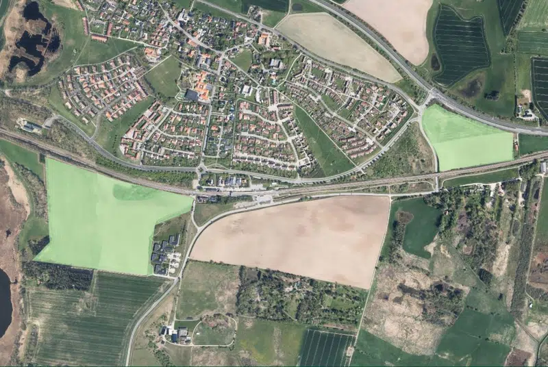 På kortet ses de arealer i Veksø, hvor der skal rejses skov.