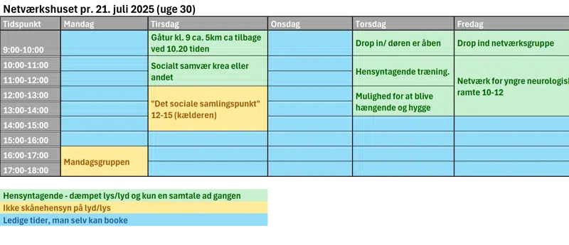 Tabel der viser netværkshusets åbningstider og tilbud.