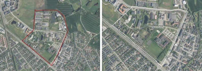 Områdeafgrænsning for Lokalplan 082 (hvid markering) og tillæg 06 (rød markering).