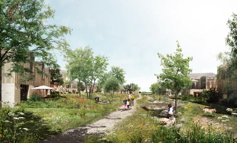 Visualisering af bebyggelsen i Landskabsbyen med beplantning og stier