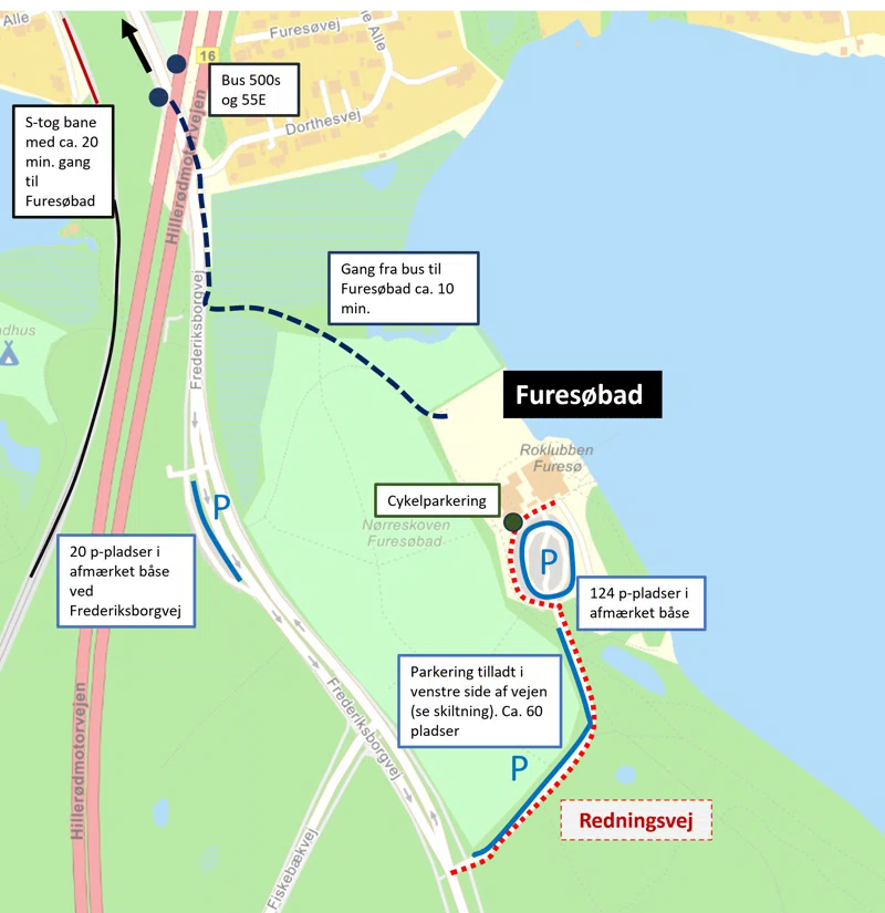 Kort over parkeringsforhold og brandvej ved Furesøbad Strand