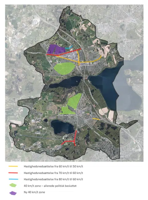 Kort der viser, hvor Furesø Kommune ønsker at indføre hastighedsnedsættelser. 