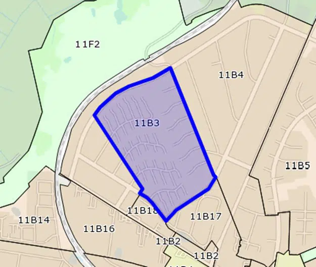 Afgrænsning af kommuneplanramme 11B3 – Bavnehøj Park er vist med blå. 