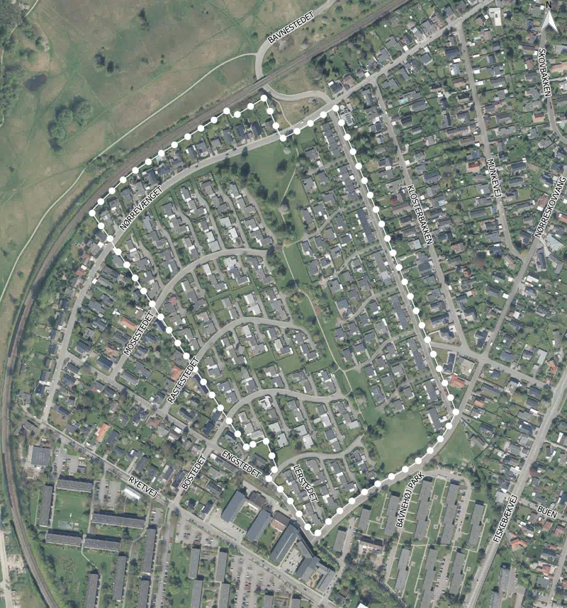 Afgrænsning af lokalplanområdet er vist med hvid, prikket afgrænsning 