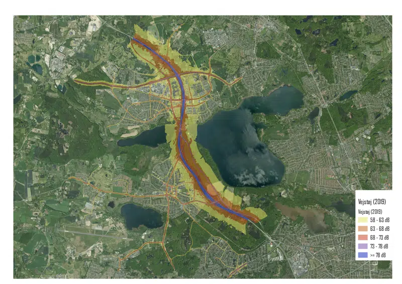 Kort over trafikstøj i Furesø Kommune i 2019, lavet af Cowi