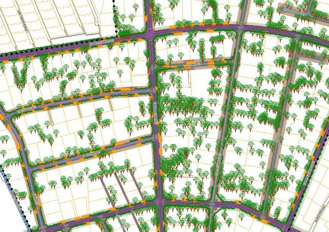 Lokalplanområdet hvorpå vejbyggelinjer, beplantning mod vej samt fritstående beplantning er indtegnet.
