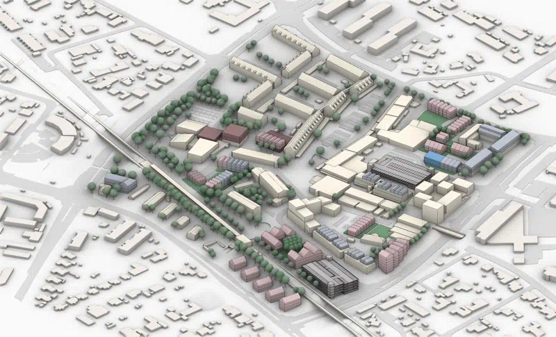 Isometri af muligt scenarie for fortætning af bymidten.   