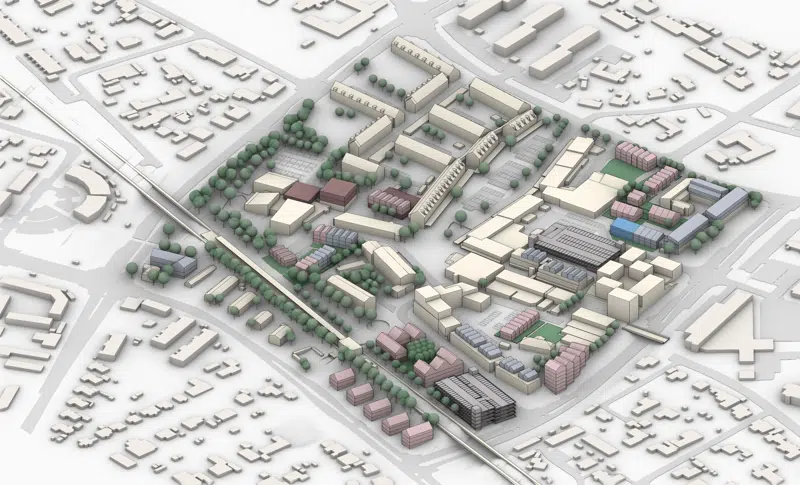 Isometri af muligt scenarie for fortætning af bymidten.   