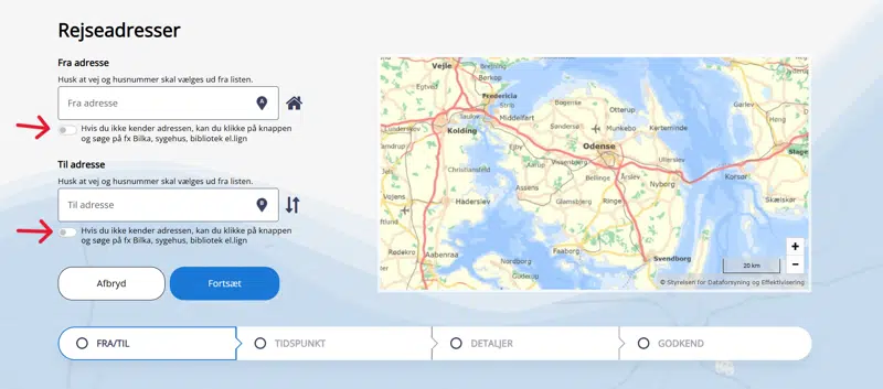 Billedet viser hvor man skal trykke for at aktivere specialadresse på Flextrafik selvbetjeningen