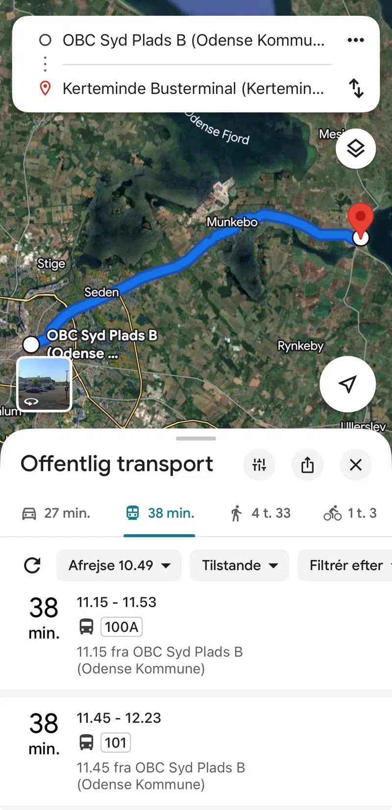 Billedet viser en rejsesøgning fra Odense til Kerteminde i Google Maps