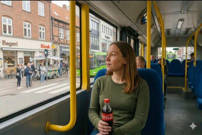 AI genereret billede af en kvinde i en bus med en cola i hånden