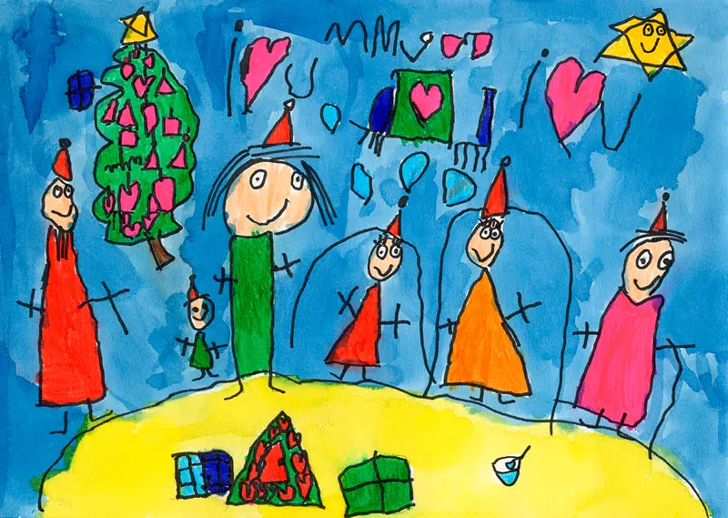 Børnetegning der viser børn med nissehuer, julegaver og juletræ