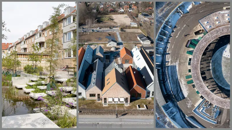 Foto af de tre nominerede: Fremtidens Gårdhave, Børnehuset Svanen og Lisbjerg Genbrugsstation.