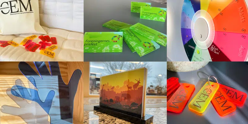 Forskellige produkter lavet i akryl: Nøgleringe, awards, årshjul, hænder, billede