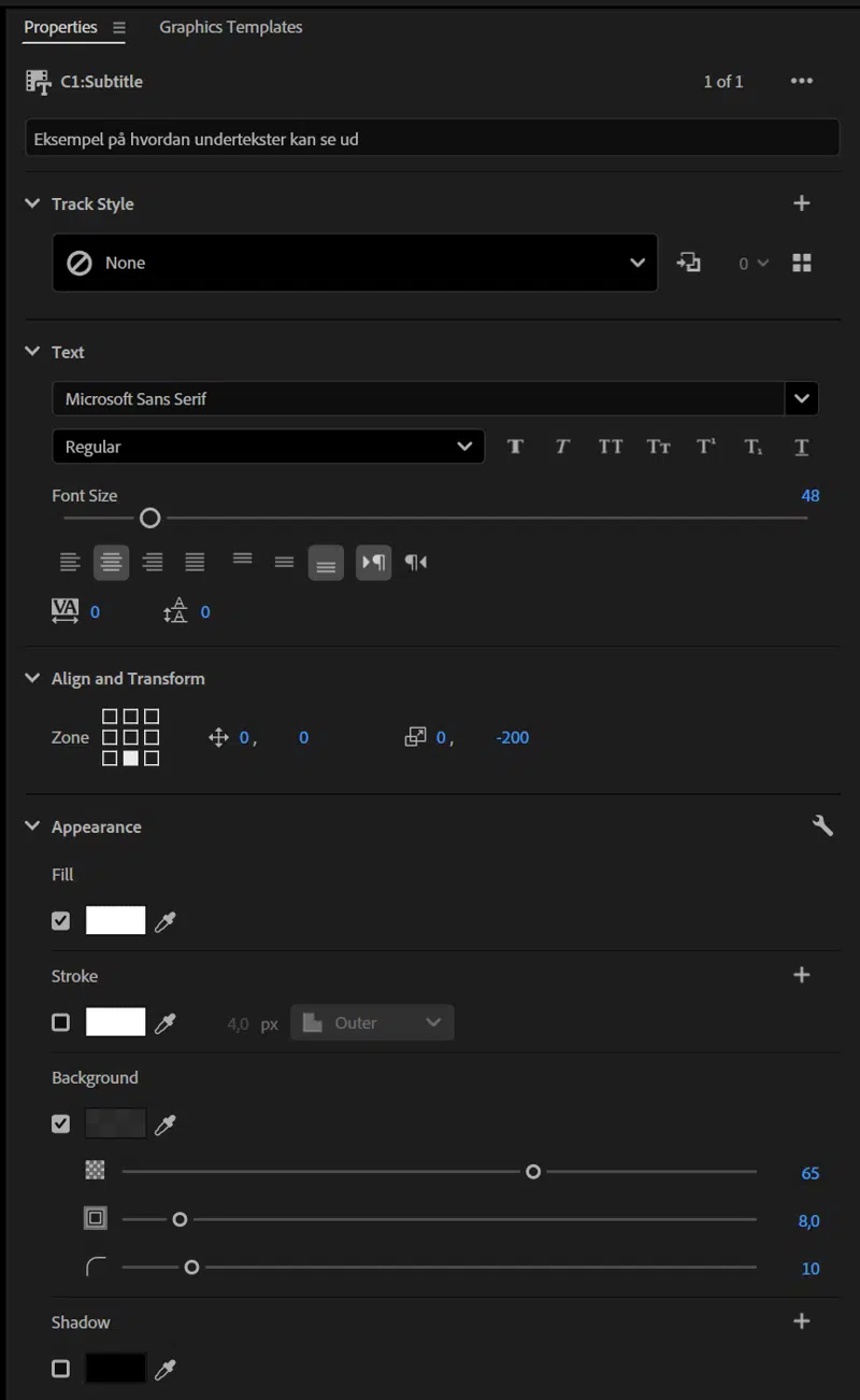 Opsætning af brændte undertekster, der følger anvisningerne for placering, font, tekstfarve, baggrund og maks. bredde i redigeringsværktøjet Premiere Pro 