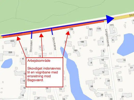 Kort over arbejdsområdet på strækningen fra Skovdiget 223 og ned mod Langemosevej, som er markeret med rødt og teksten:  Arbejdsområde - Skovdiget indsnævres til en vognbane med ensretning mod Bagsværd