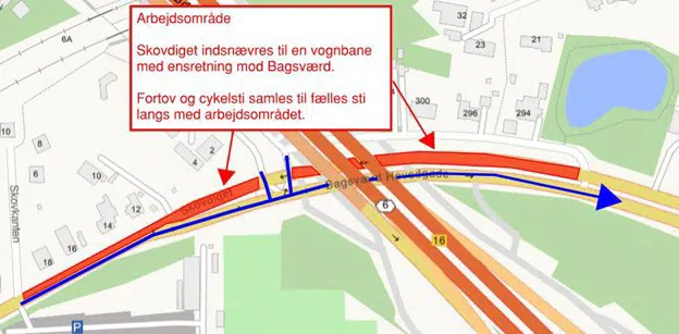 Kort over abrjedsområdet på strækningen mellem Skovkanten og hen forbi motorvejen med teksten: Arbejdsområde - Skovdiget indsnævres til en vognbane med ensretning mod Bagsværd. Fortov og cykelsti samles til en fælles sti langs med arbejdsområdet. 