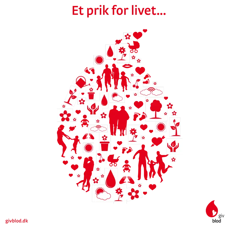 Grafik af mennesker og genstande, der former en dråbe blod