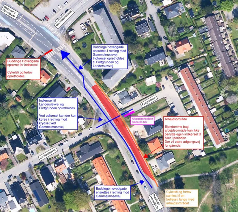 Kort over arbejde og trafikforhold på Buddinge Hovedgade ved Fortgrunden