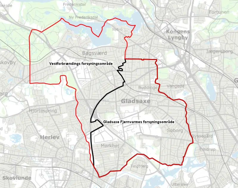 Kort over forsyningsområderne for fjernvarmeselskaberne Vestforbrænding og Gladsaxe Fjernevarme