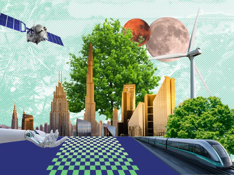 En collage af skyskrabere, hurtige tog, vindmøller og satelitter.