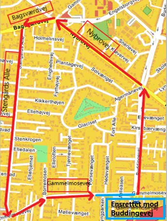 Kort over ensretning af strækning af strækning af Gammelmosevej ud mod Buddingevej februar-maj 2025