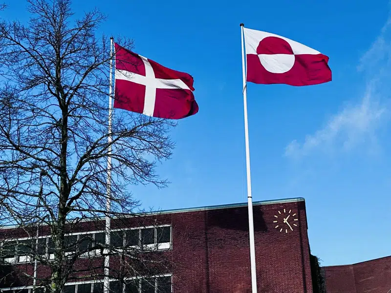 Det danske og grønlandske flag vahjer side om side foran Gladsaxe Rådhus.