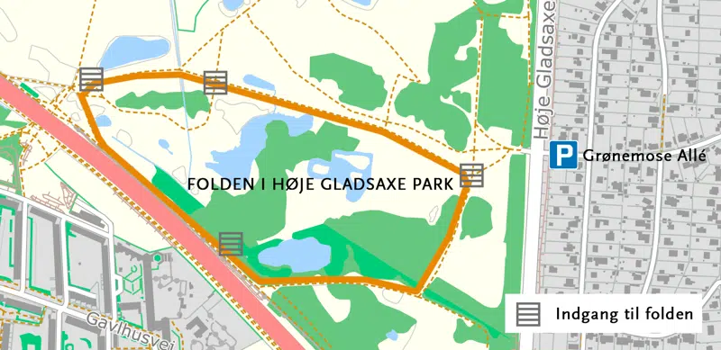 Kort over dyrefolden i Høje Gladsaxe Park