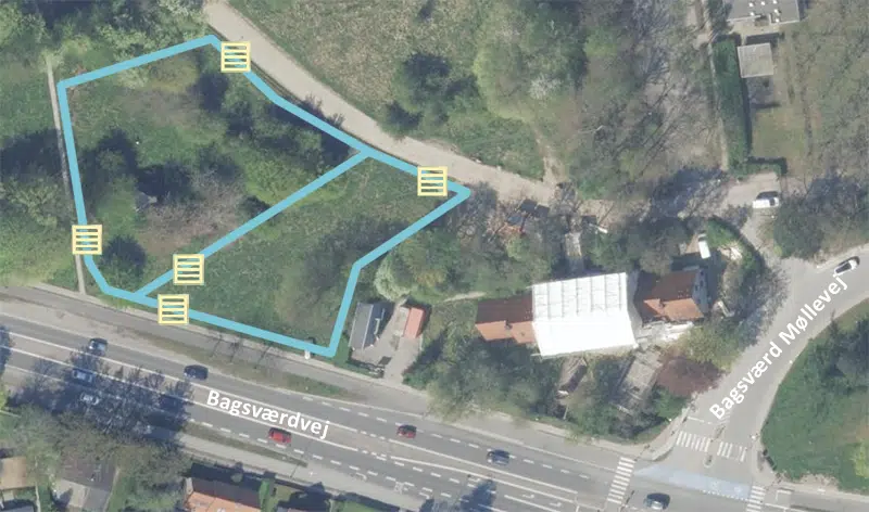 Luftfoto der viser de nye hundefolde i Radiomarken