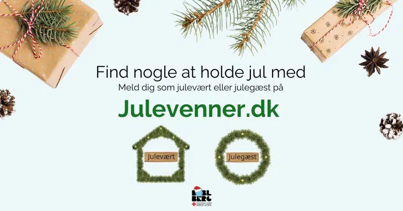Grafik med teksten: Find nogle at holde jul med - meld dig som julevært eller julegæst på julevenner.dk