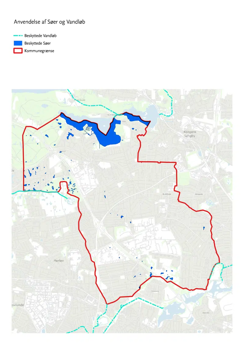 Kort med markering af over søer og vandløb i kommunen